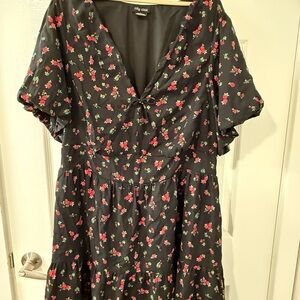 City Chic Black Dress with Red and Green Floral Print and Tie Front